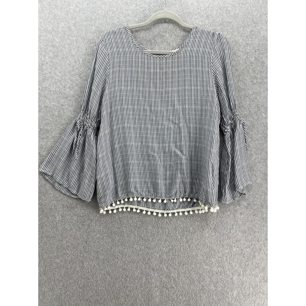 Aeropostale Women's Blouse Striped Bell Sleeve Blue White Size Large Round Neck